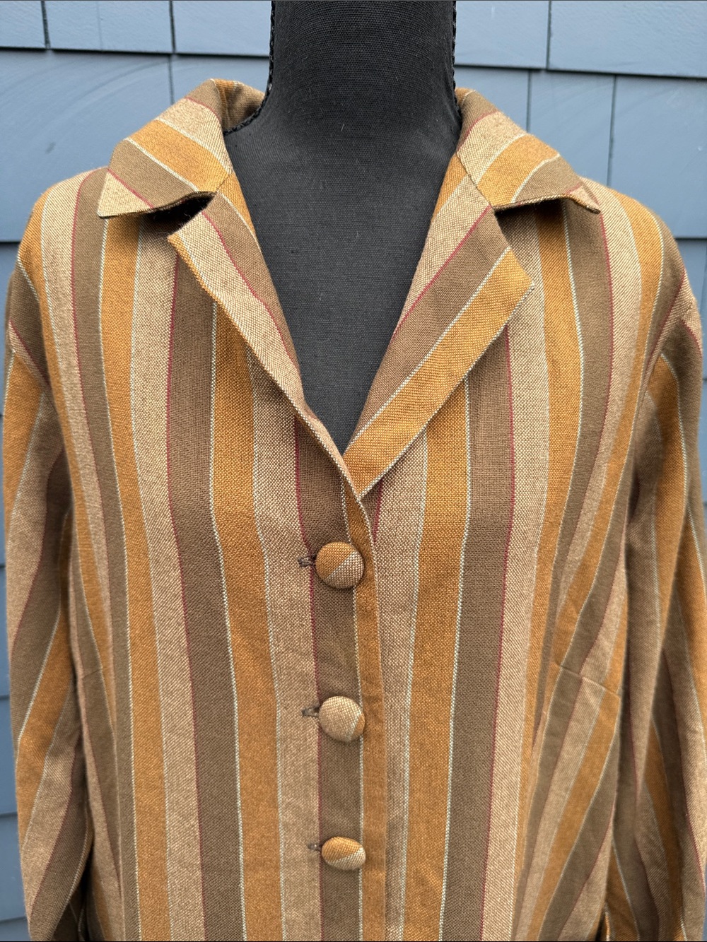 Vintage Striped Long Button-Front Dress Coat in Mustard and Brown handmade brown - Picture 2 of 12